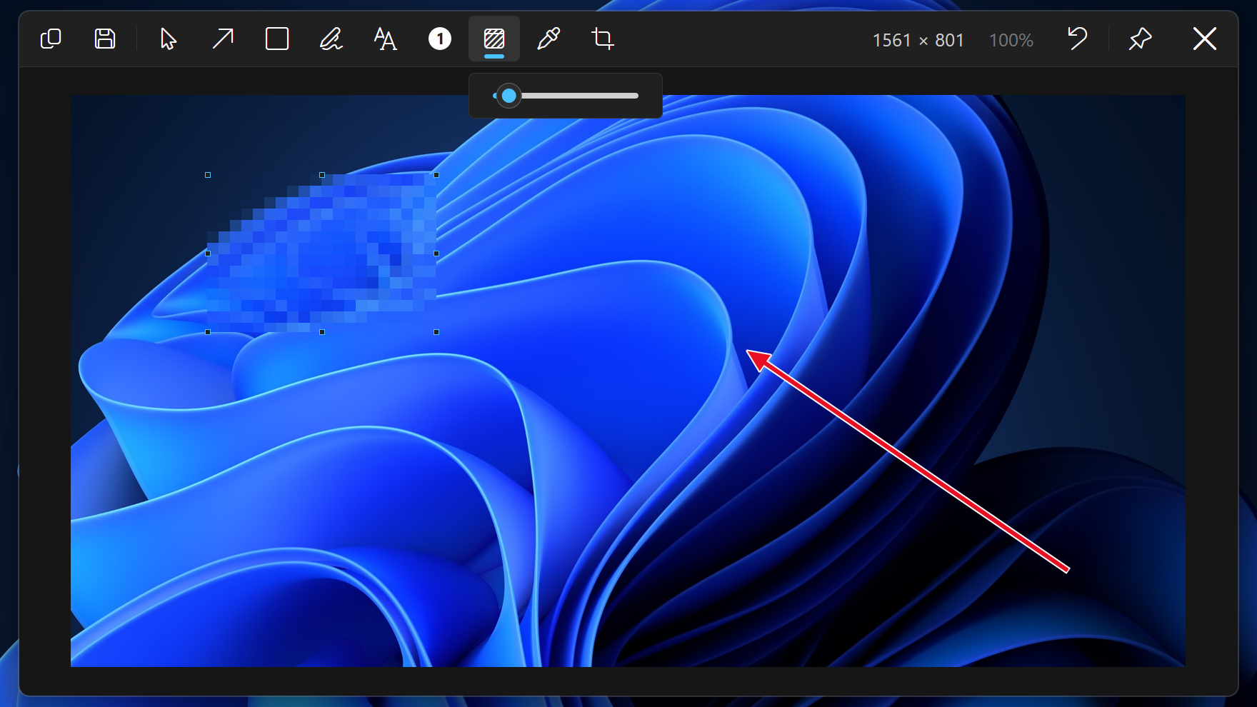 The editor with a red arrow and a blur placed on a capture of the Bloom, the blur selected and its Level slider open under the bar.
