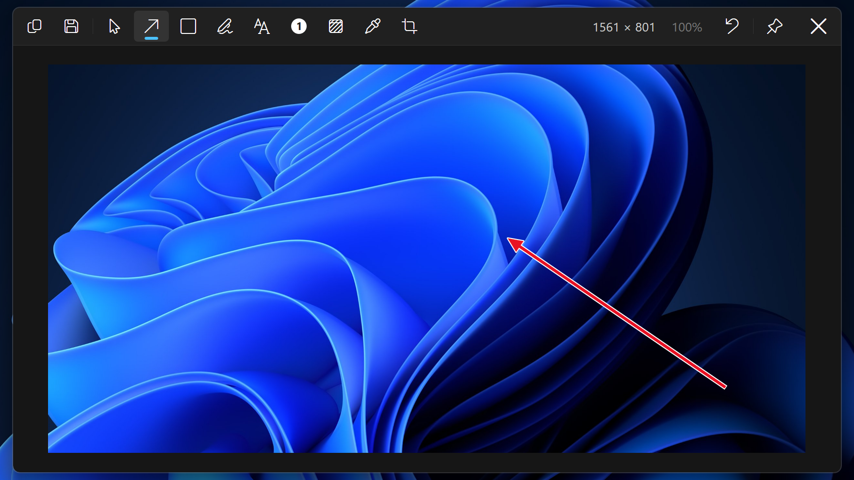 The Zilum editor over a region capture of the Windows 11 Bloom wallpaper, its bar along the top and one red arrow placed.