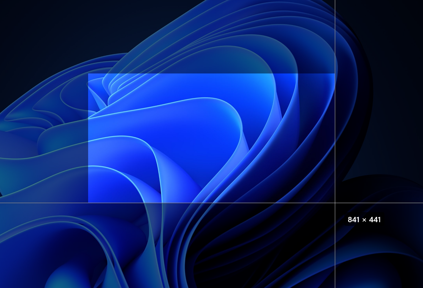 The overlay over the Bloom wallpaper mid-drag: the selection lit, the screen around it dimmed, and 841 × 441 beside the pointer.